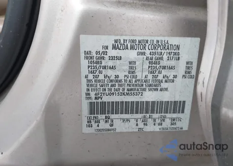 2002 Mazda Tribute Es V6/Lx V6 from USA, damaged, VIN 4F2YU09152KM55372
